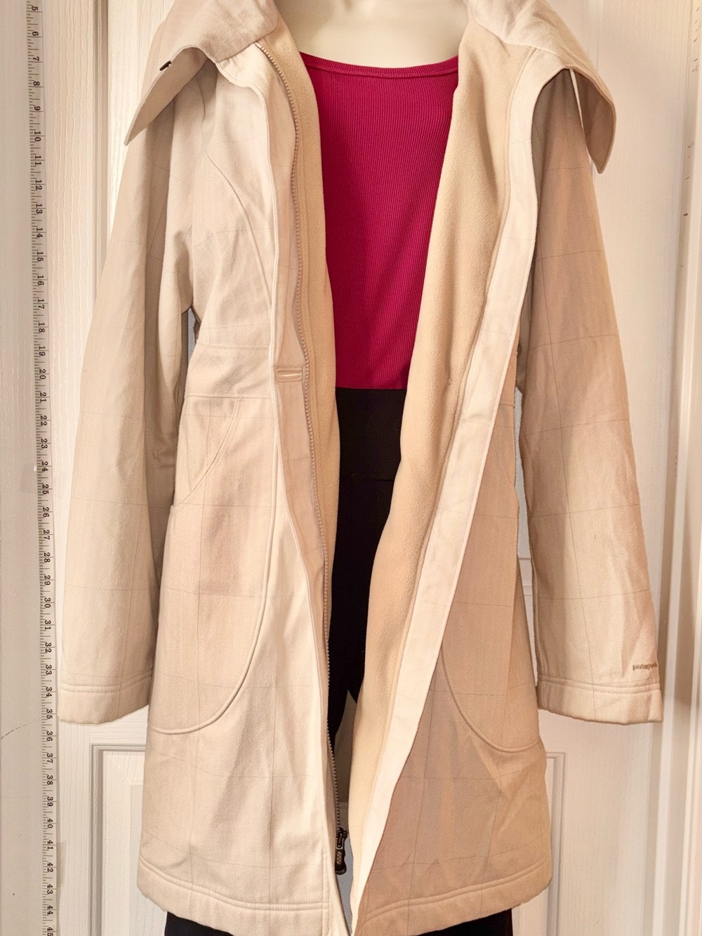 Patagonia herringbone Cream Hooded Trench Coat with Zip Front